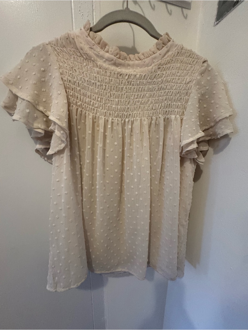Anthropologie Cream Swiss Dot Smocked Ruffle Sleeve Blouse